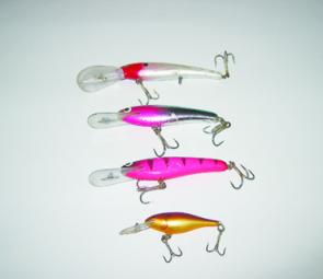 Some good lures for trolling rock bars and walls in 3m to 5m. From the top, Mann's 20+ , Lively Lures Mad Mullet in blue chrome and in pink, Rapala Shad Rap.SR8. Note the beefed-up trebles to cope with the brutal fight on heavy braid.